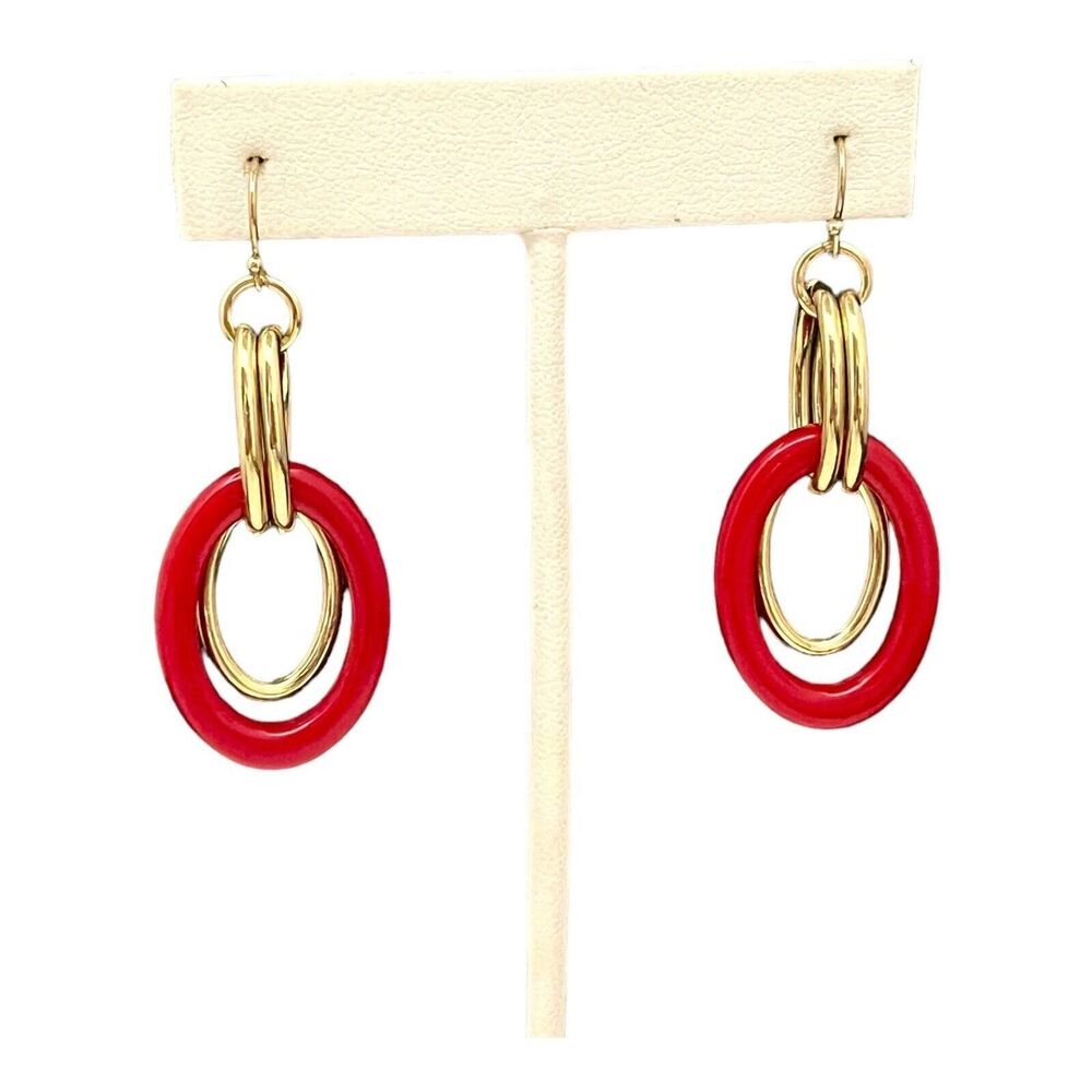 New Gold Tone Earrings Red Lucite Links Lightweight - 5U